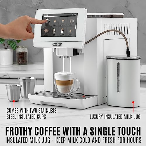 Zulay Magia Fully Automatic Espresso Machine With Grinder - 19 Customizable Coffee Options - Includes Insulated Milk Container & Deluxe Espresso Cups - Auto-Cleaning For Easy Maintenance - OG White