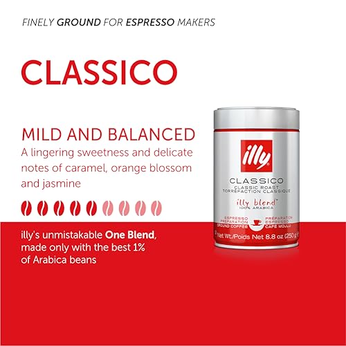 illy Classico Espresso Ground Coffee, Medium Roast, Classic Roast with Notes of Chocolate & Caramel, 100% Arabica Coffee, All-Natural, No Preservatives, 8.8 oz, Ground for Espresso Machines