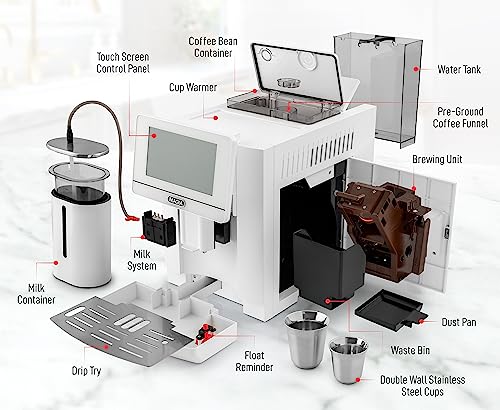 Zulay Magia Fully Automatic Espresso Machine With Grinder - 19 Customizable Coffee Options - Includes Insulated Milk Container & Deluxe Espresso Cups - Auto-Cleaning For Easy Maintenance - OG White
