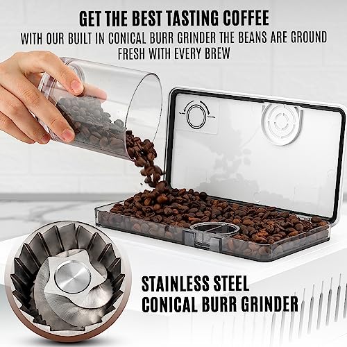 Zulay Magia Fully Automatic Espresso Machine With Grinder - 19 Customizable Coffee Options - Includes Insulated Milk Container & Deluxe Espresso Cups - Auto-Cleaning For Easy Maintenance - OG White