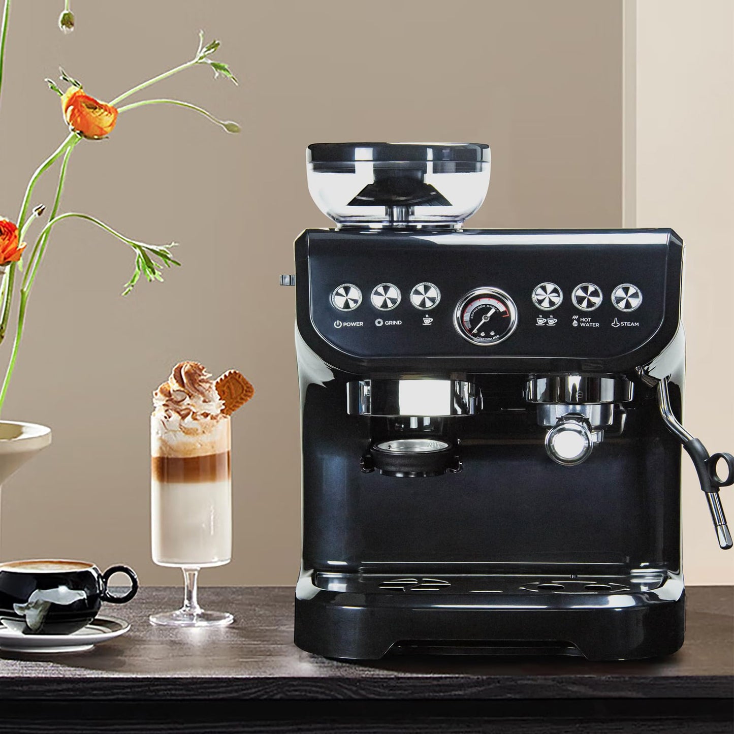 MIROX Espresso Machine 15 Bar, Coffee Maker With Milk Frother Steam Wand, Built-In Bean Grinder, Combo Cappuccino Machine with 70oz Removable Water Tank (ABS high-strength plastic shell)
