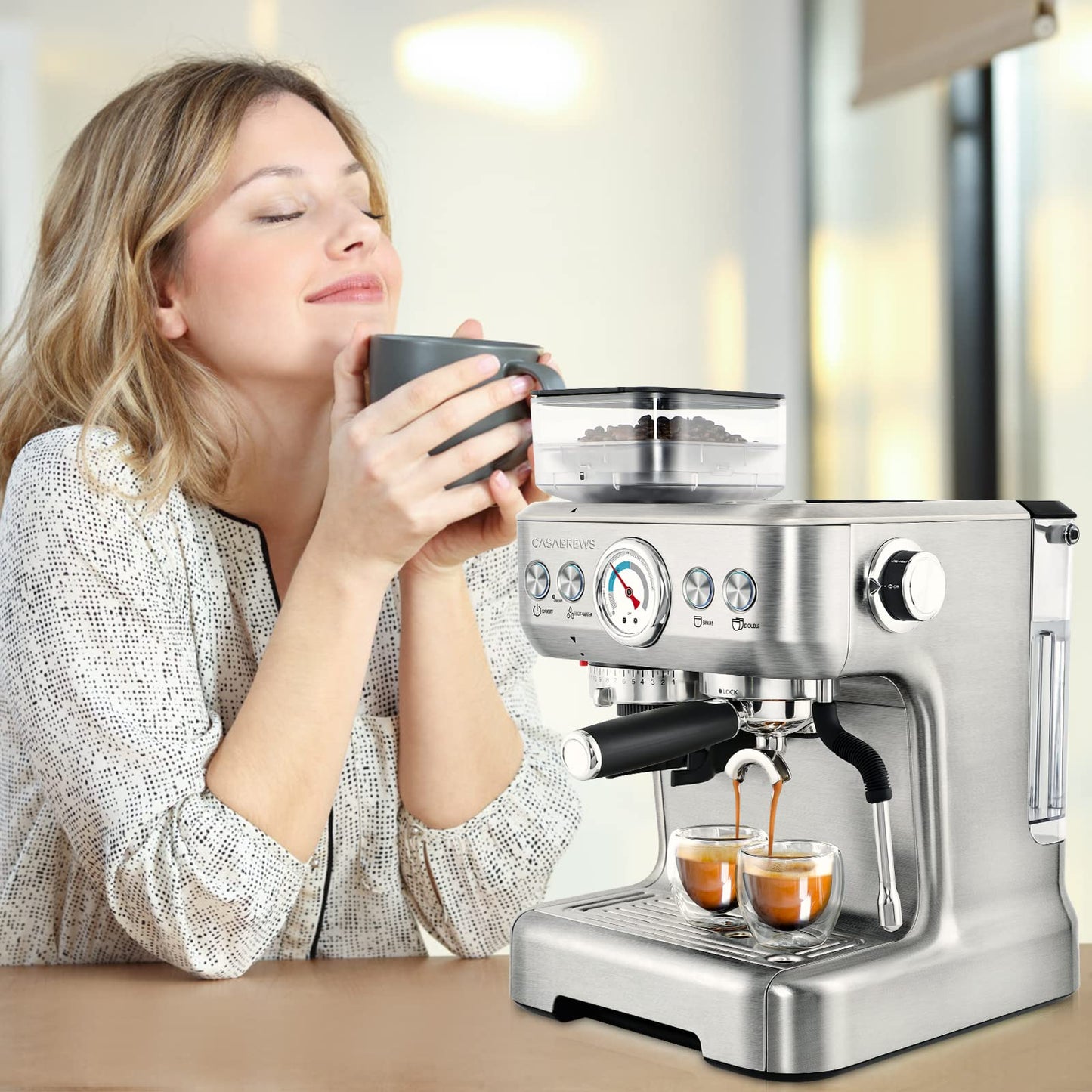 CASABREWS Espresso Machine With Grinder, Professional Espresso Maker With Milk Frother Steam Wand, Barista Latte Machine With Removable Water Tank for Cappuccinos or Macchiatos, Gift for Mom Dad